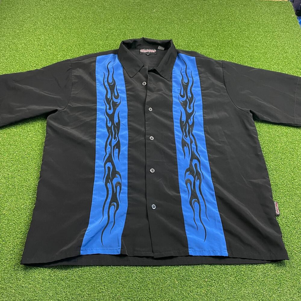 Vintage Y2K Saphire Lounge Black & Blue Flame Bowling Button Up Shirt Sz XL